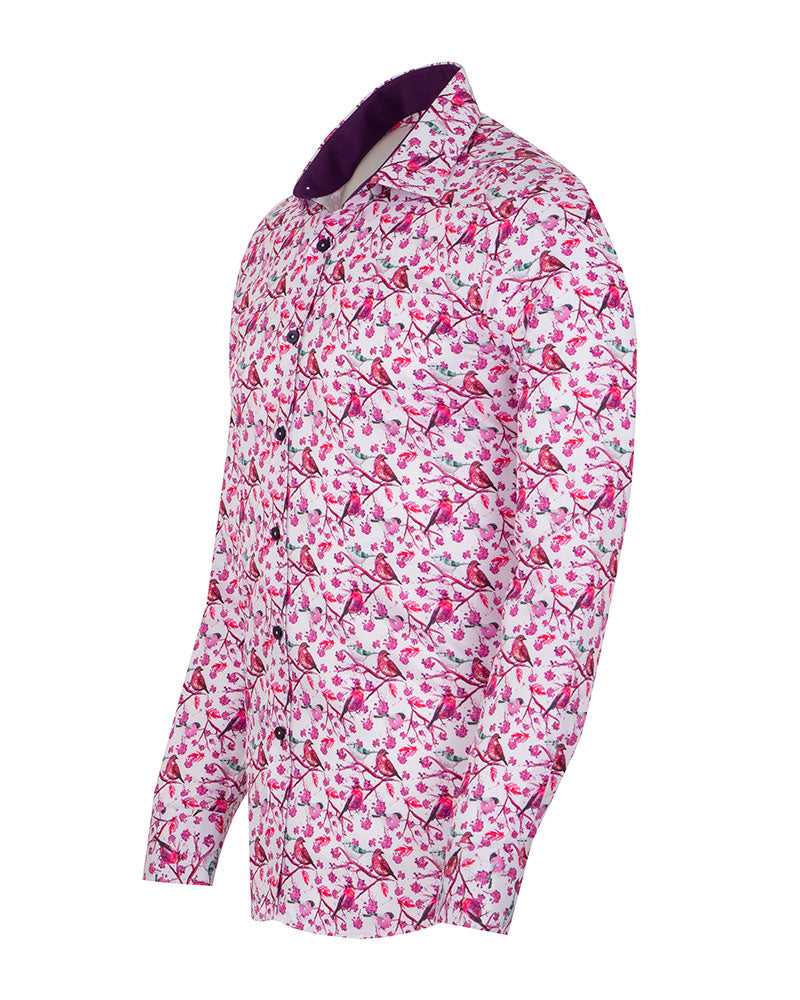 Lilac Birds in Tree Print Long Sleeve Shirt-Makrom
