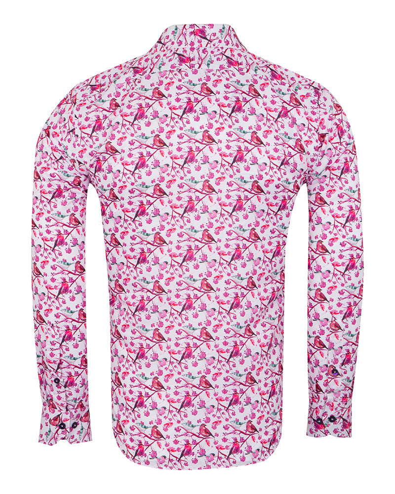 Lilac Birds in Tree Print Long Sleeve Shirt-Makrom