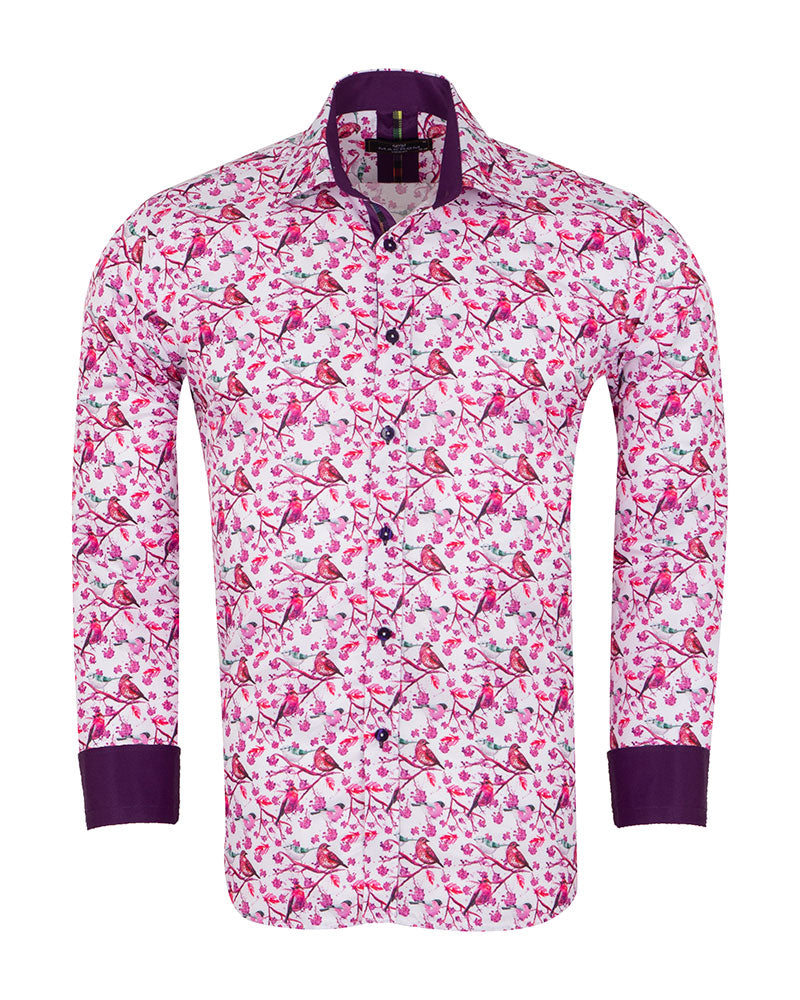 Lilac Birds in Tree Print Long Sleeve Shirt-Makrom