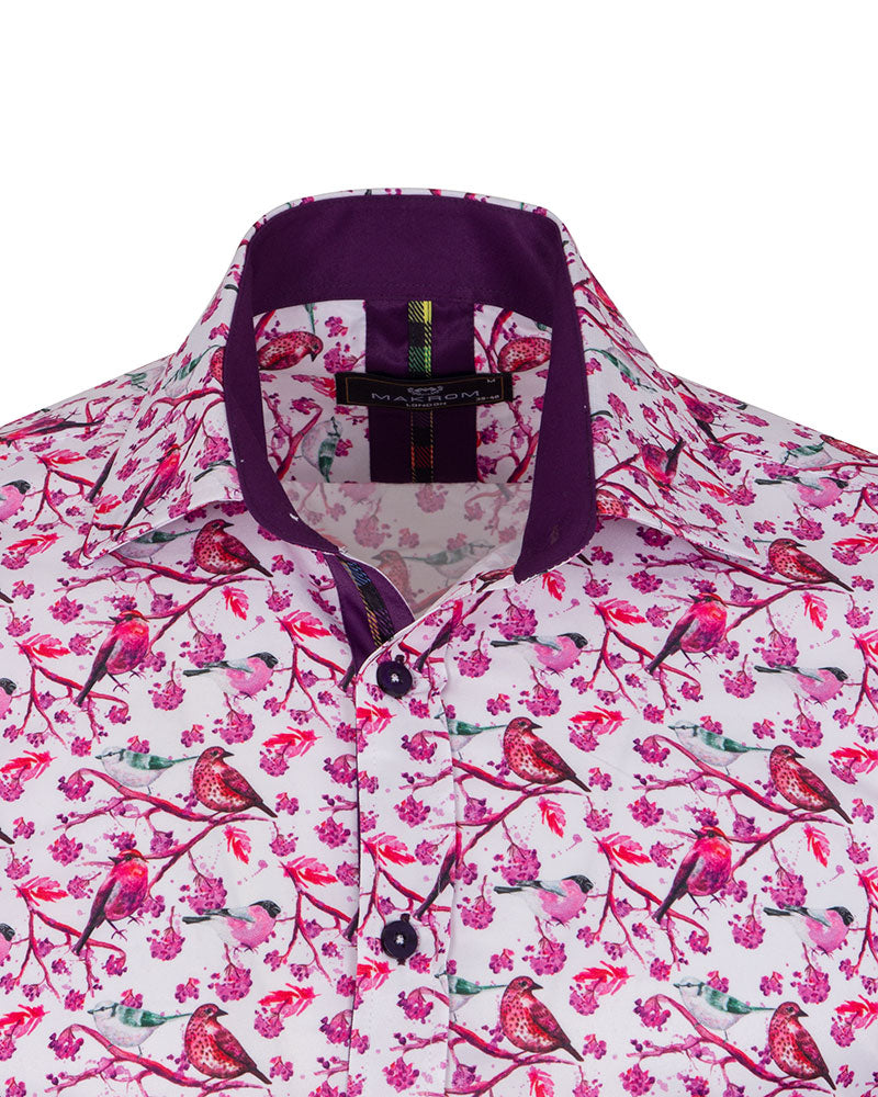 Lilac Birds in Tree Print Long Sleeve Shirt-Makrom
