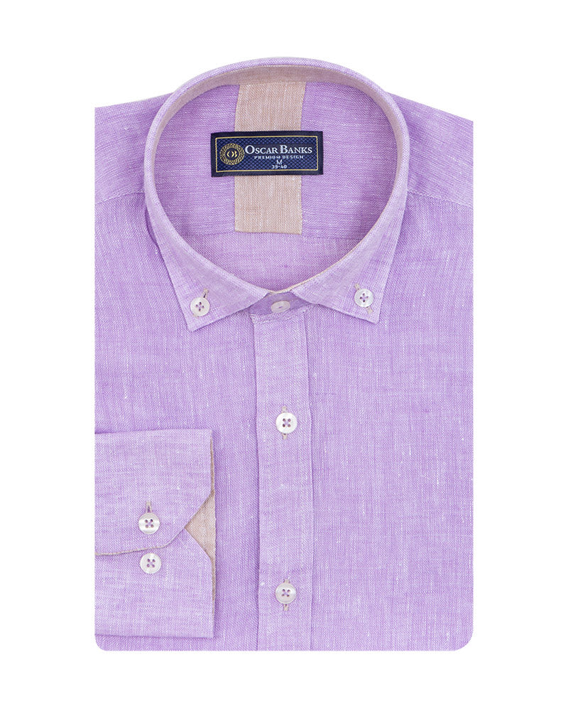 Lilac Plain Linen Long Sleeve Shirt-Makrom