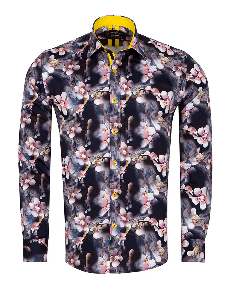Lily Print Pure Cotton Men's Shirt with Matching Handkerchief-Makrom