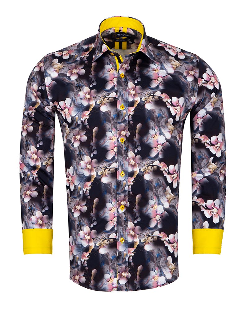 Lily Print Pure Cotton Men's Shirt with Matching Handkerchief-Makrom