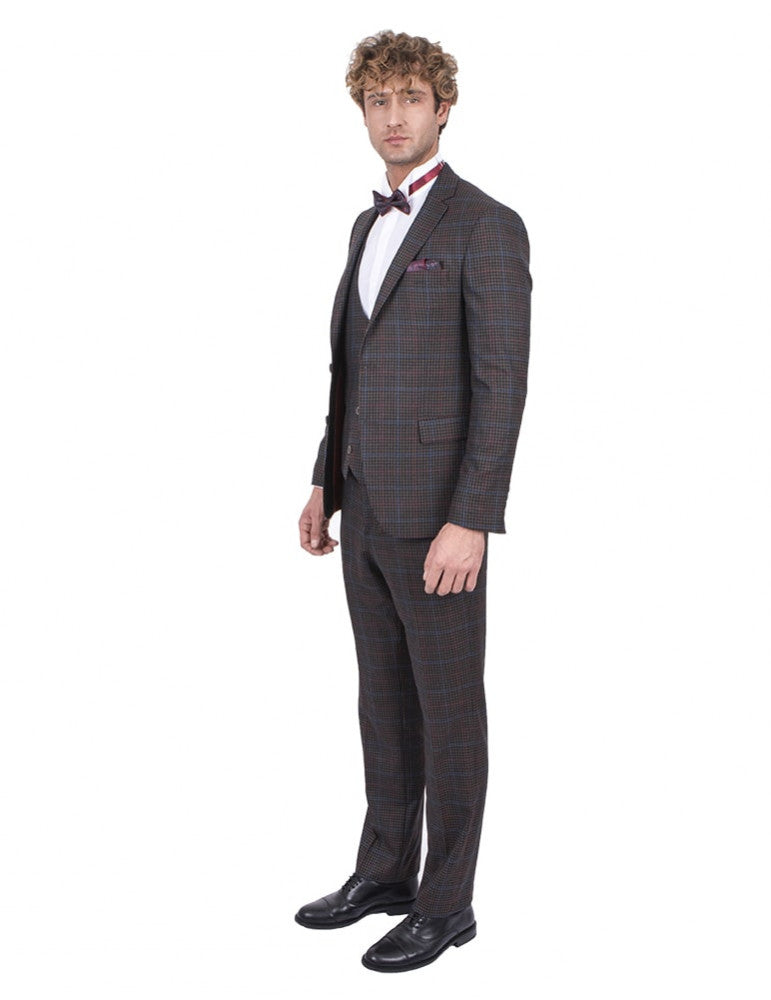 Men's Brown Three Piece Plaid Check Suit