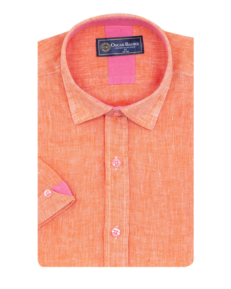 Orange Plain Linen Short Sleeve Shirt-Makrom