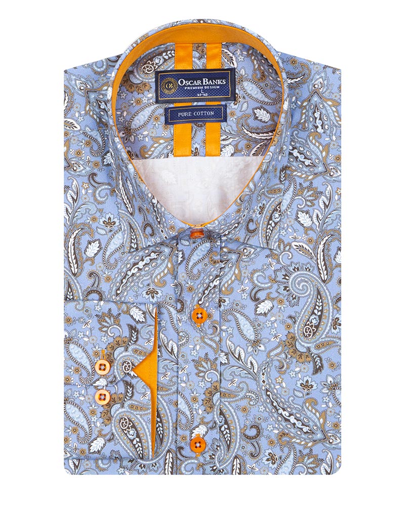 Paisley Print Light Blue Shirt with Matching Handkerchief-Makrom