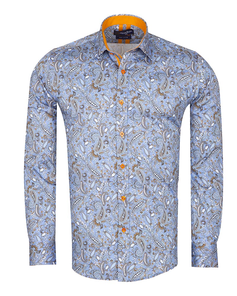Paisley Print Light Blue Shirt with Matching Handkerchief-Makrom