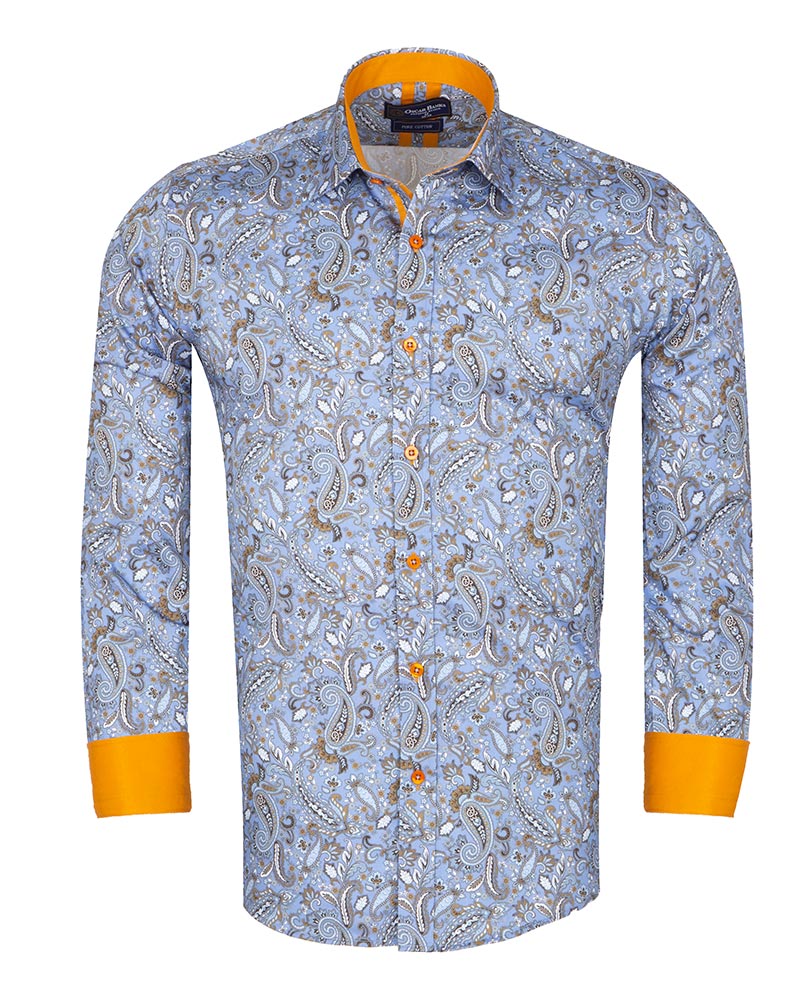 Paisley Print Light Blue Shirt with Matching Handkerchief-Makrom