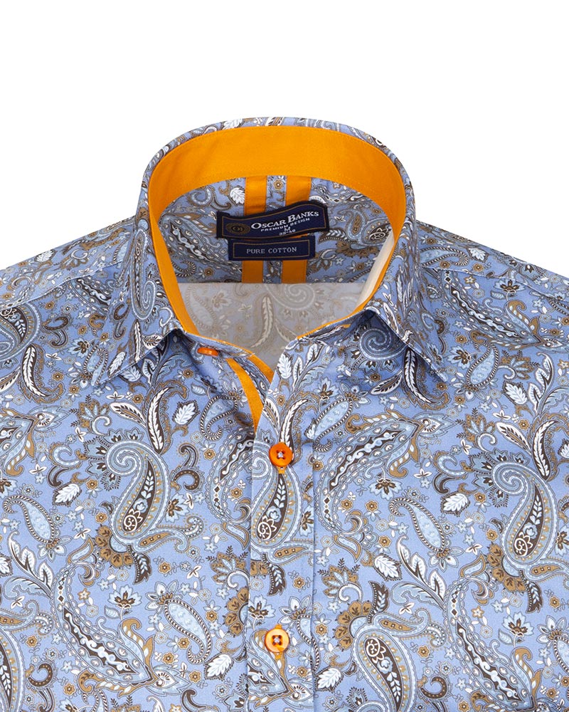 Paisley Print Light Blue Shirt with Matching Handkerchief-Makrom