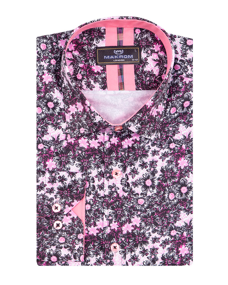Pink Daisy Print Long Sleeve Shirt-Makrom