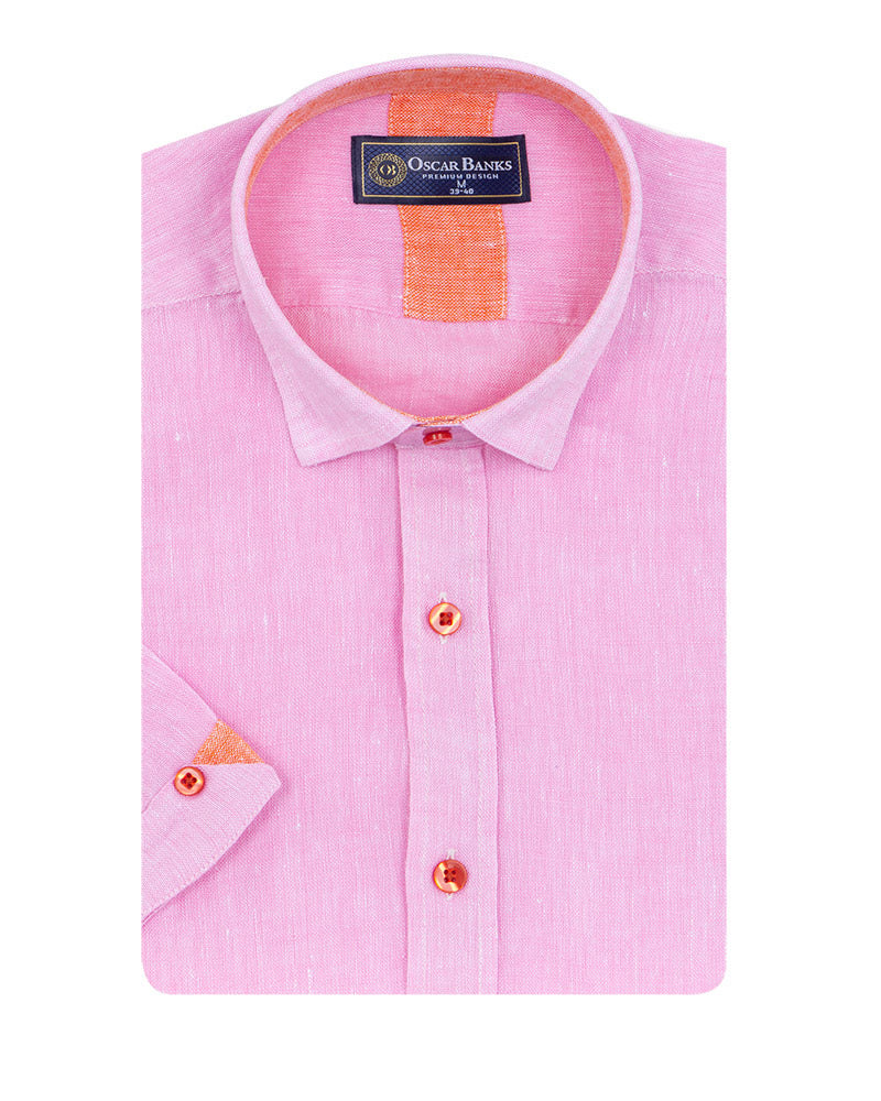 Pink Plain Linen Short Sleeve Shirt-Makrom