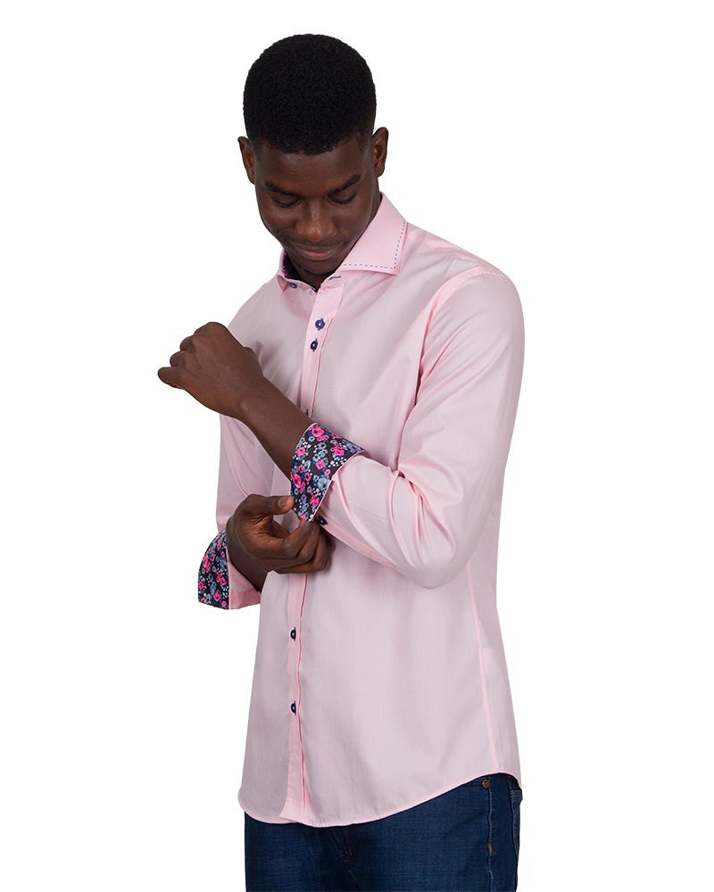 Pink Plain Shirt with Contrasting Stitching on Collar-Makrom