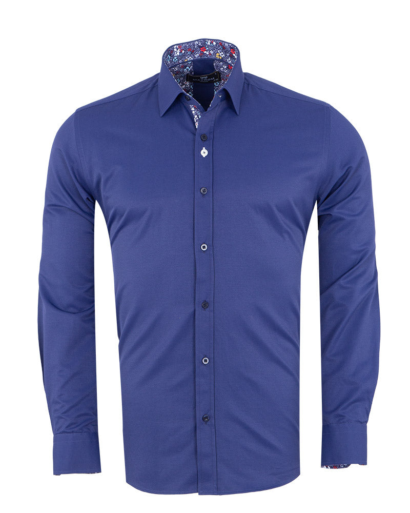 Plain Dark Blue Shirt with Floral Insert Design Shirt-Makrom