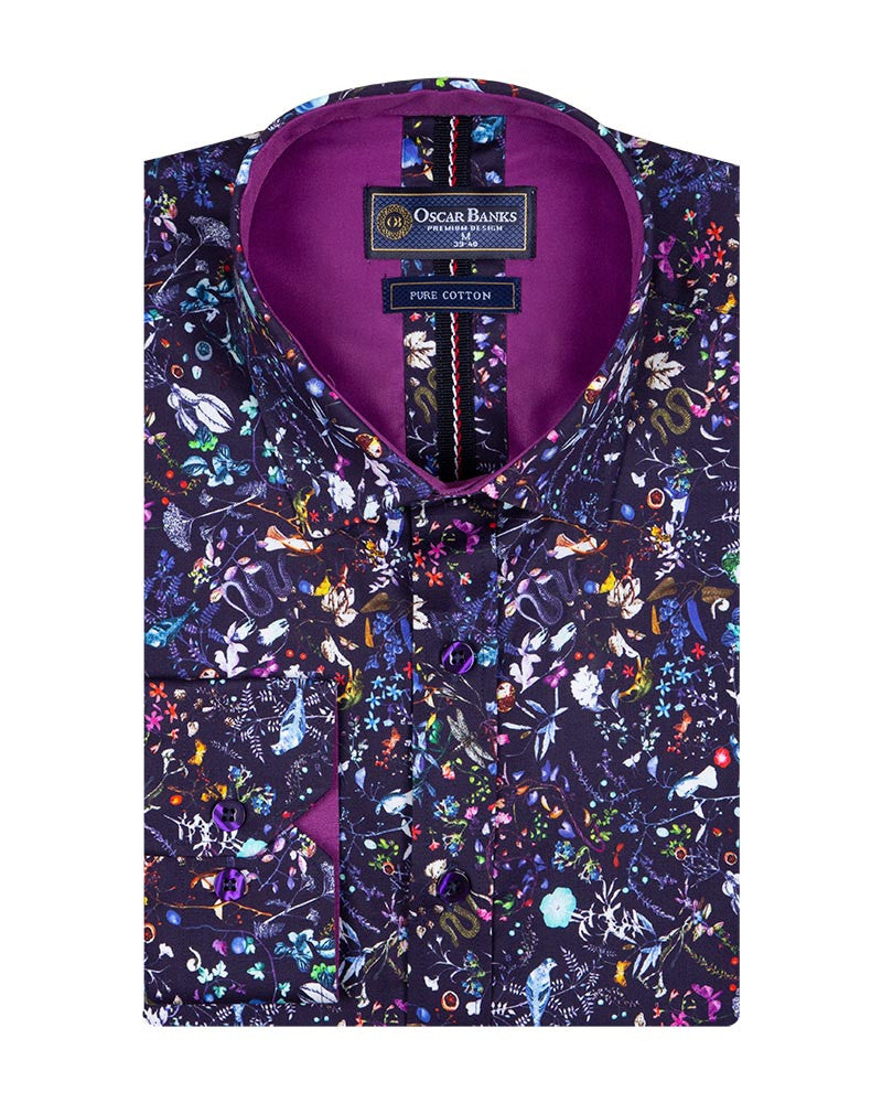 Purple Colourful Floral Print Pure Cotton Shirt-Makrom
