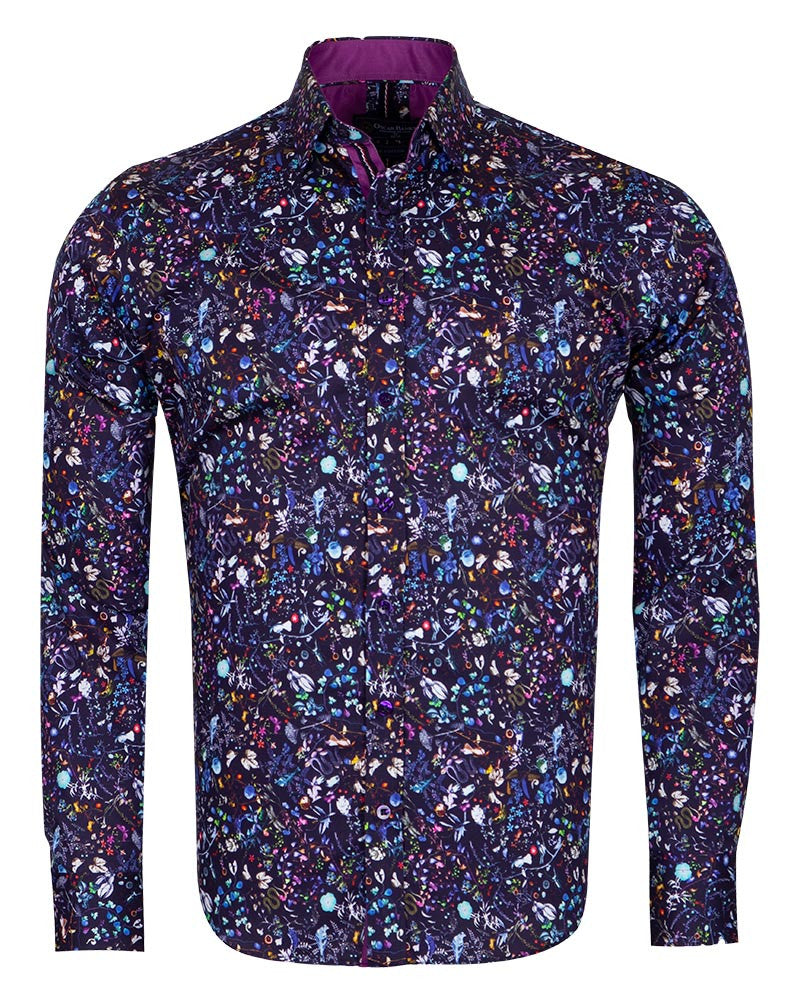 Purple Colourful Floral Print Pure Cotton Shirt-Makrom