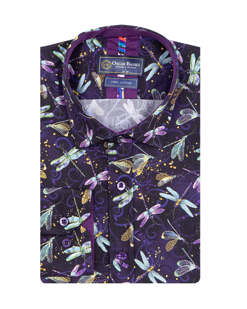 Purple Dragonfly Print Shirt with Matching Handkerchief-Makrom