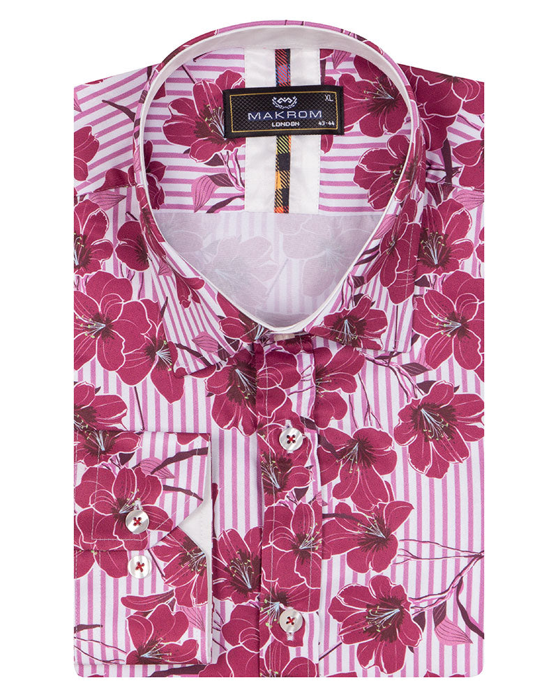 Purple Stripe Daisy Floral Print Shirt-Makrom