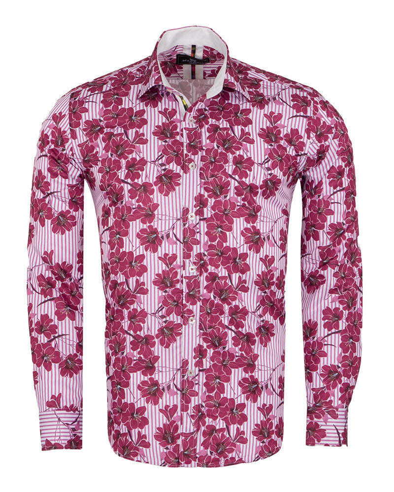 Purple Stripe Daisy Floral Print Shirt-Makrom