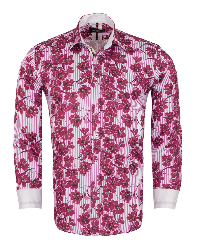 Purple Stripe Daisy Floral Print Shirt-Makrom