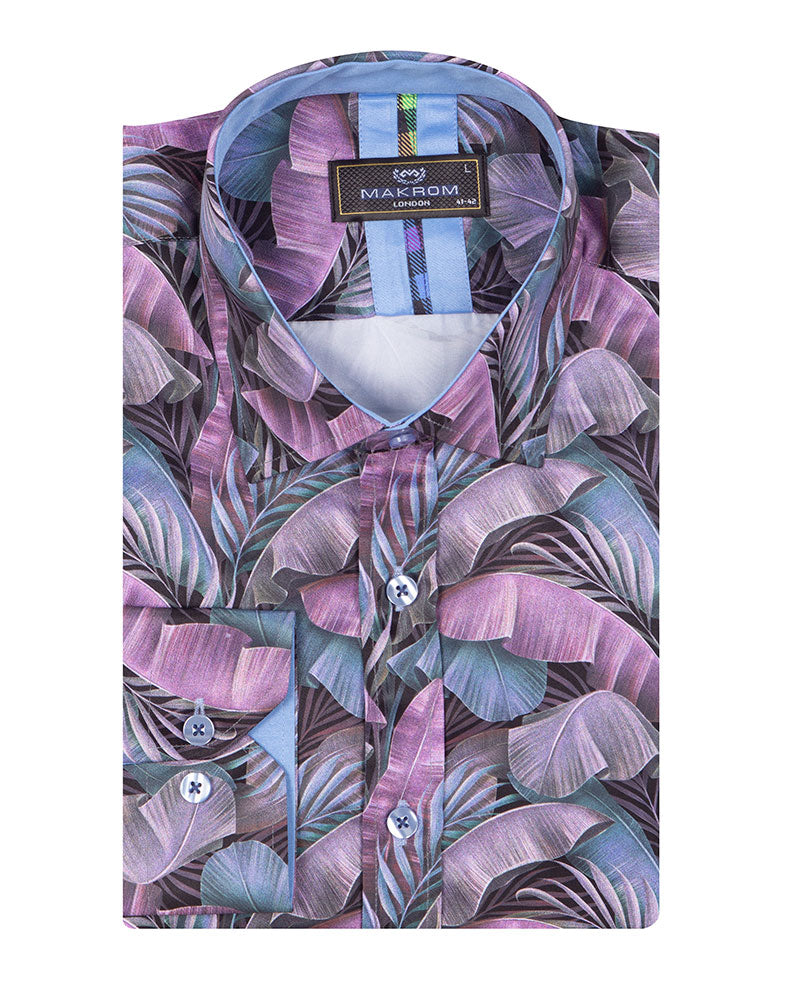 Purple Tropical Leaf Print Shirt-Makrom