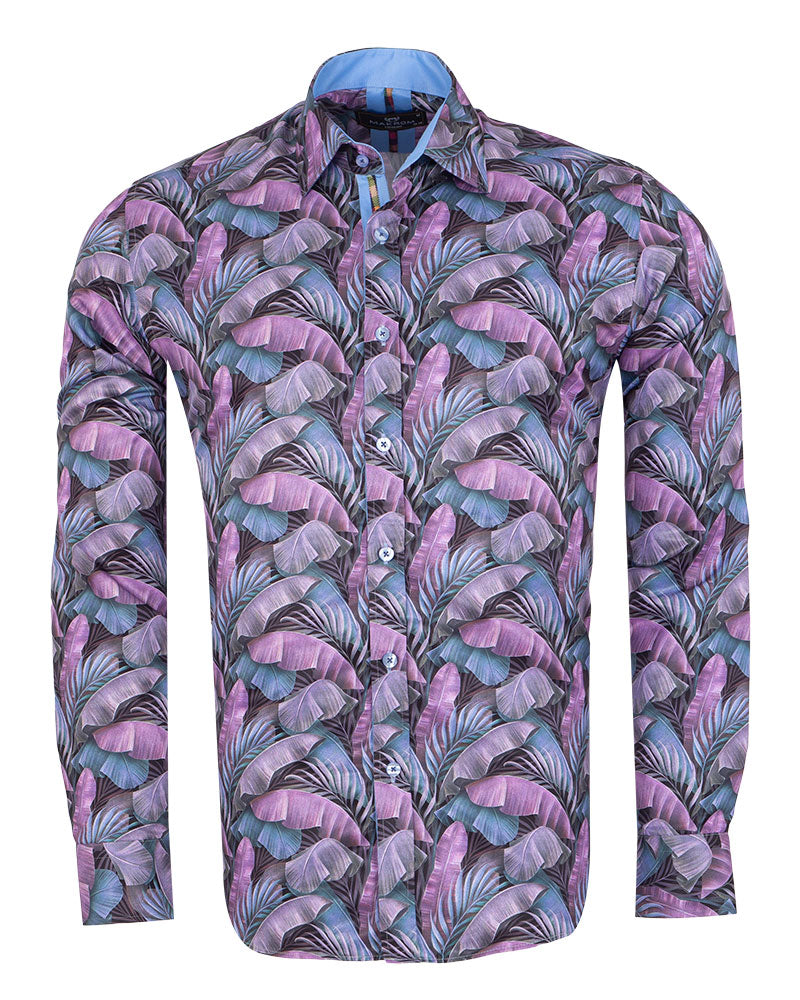 Purple Tropical Leaf Print Shirt-Makrom
