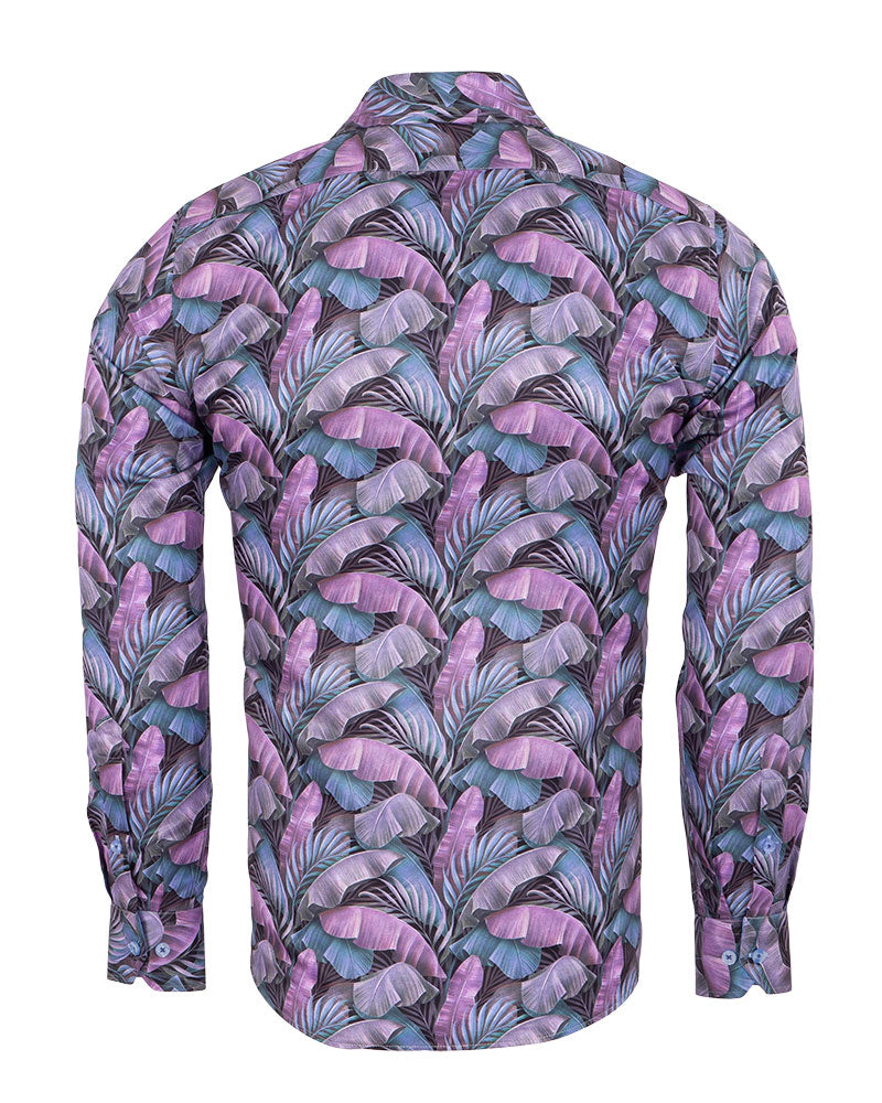 Purple Tropical Leaf Print Shirt-Makrom