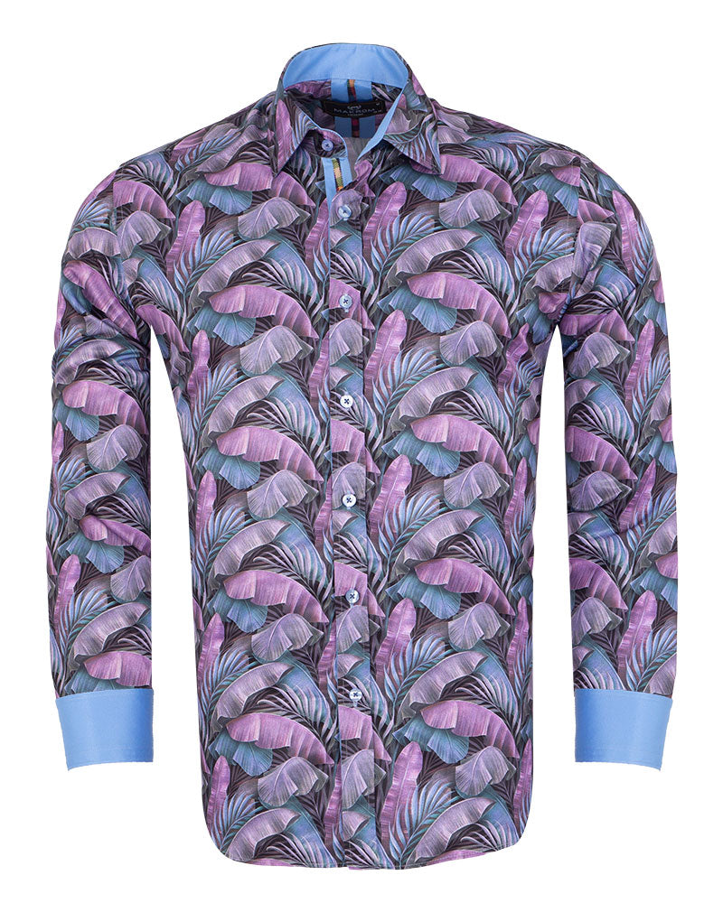 Purple Tropical Leaf Print Shirt-Makrom