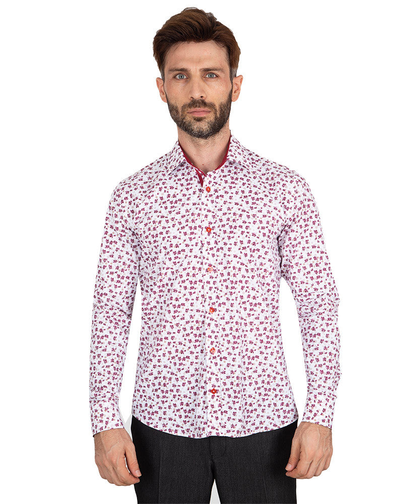Red Floral Dotted Design Print Shirt-Makrom