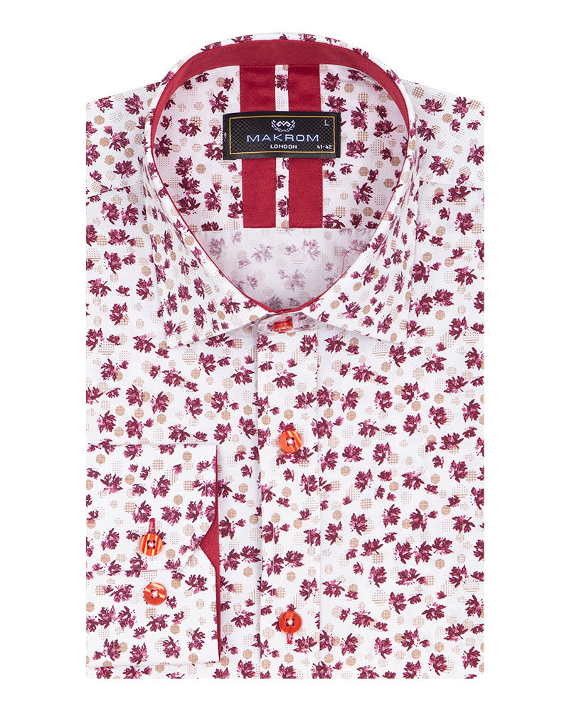 Red Floral Dotted Design Print Shirt-Makrom