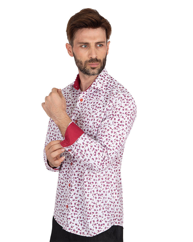 Red Floral Dotted Design Print Shirt-Makrom