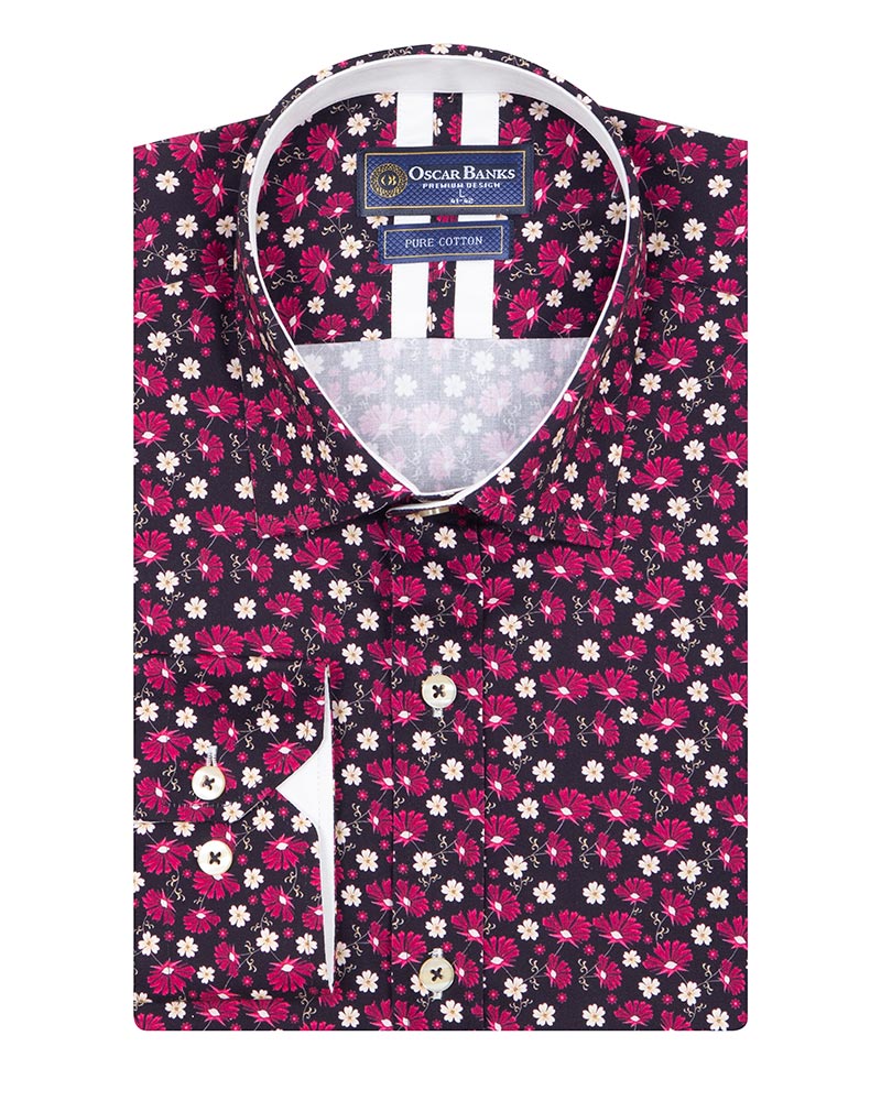 Red Floral Print Men's Shirt with Matching Handkerchief-Makrom
