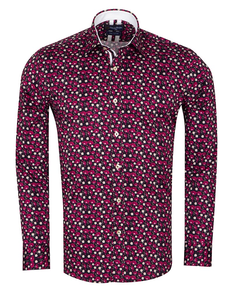 Red Floral Print Men's Shirt with Matching Handkerchief-Makrom