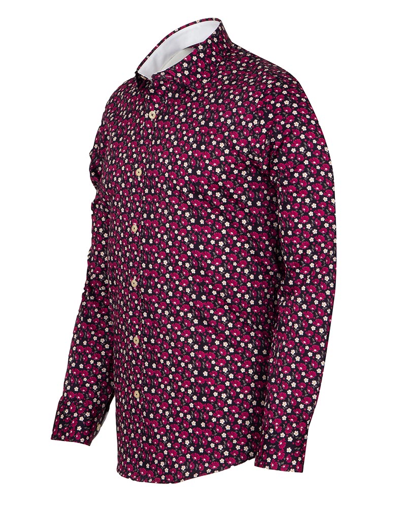 Red Floral Print Men's Shirt with Matching Handkerchief-Makrom