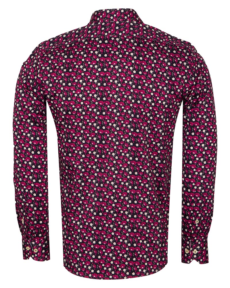Red Floral Print Men's Shirt with Matching Handkerchief-Makrom
