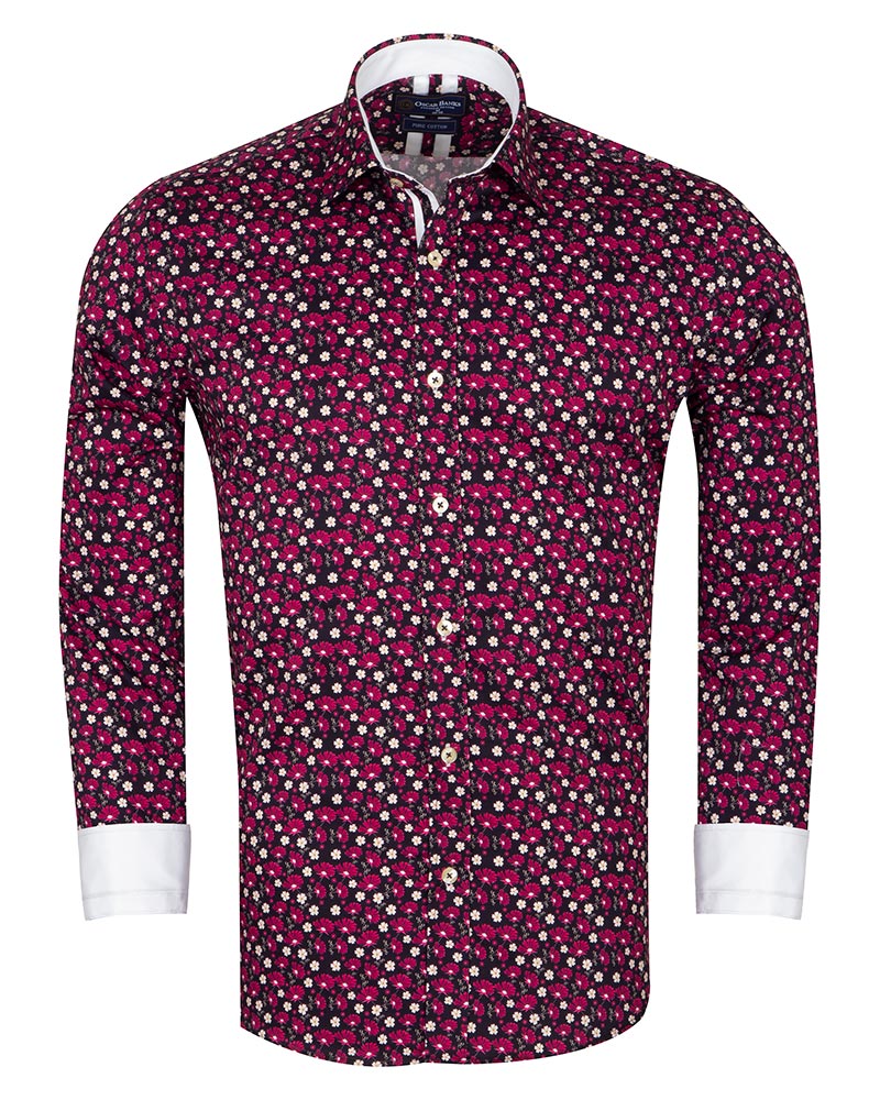Red Floral Print Men's Shirt with Matching Handkerchief-Makrom