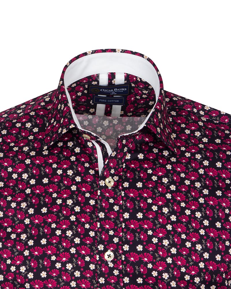 Red Floral Print Men's Shirt with Matching Handkerchief-Makrom
