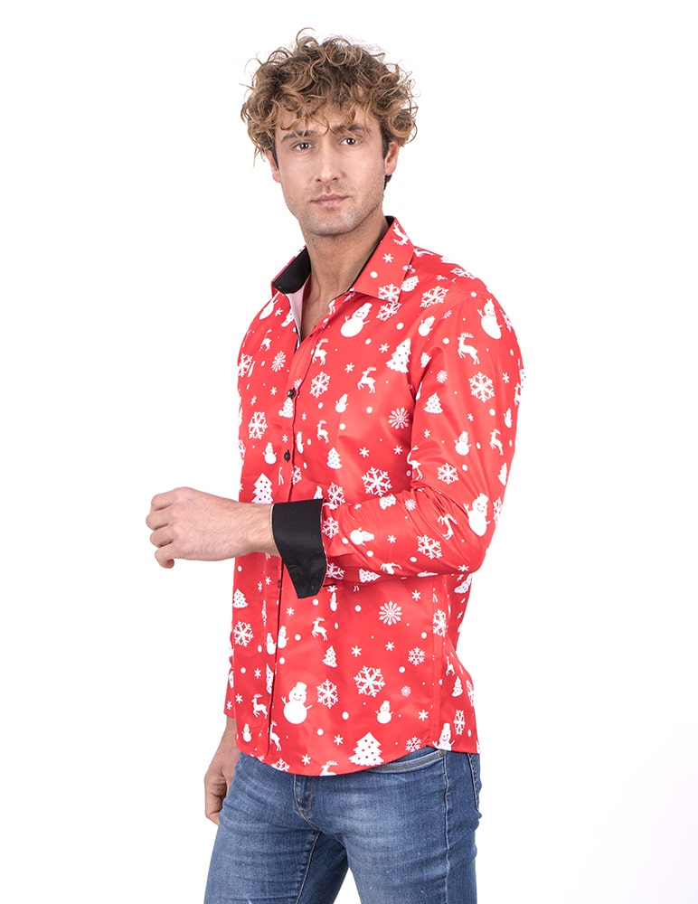 Red Snowflake Christmas Snowman Print Men's Shirt-Makrom