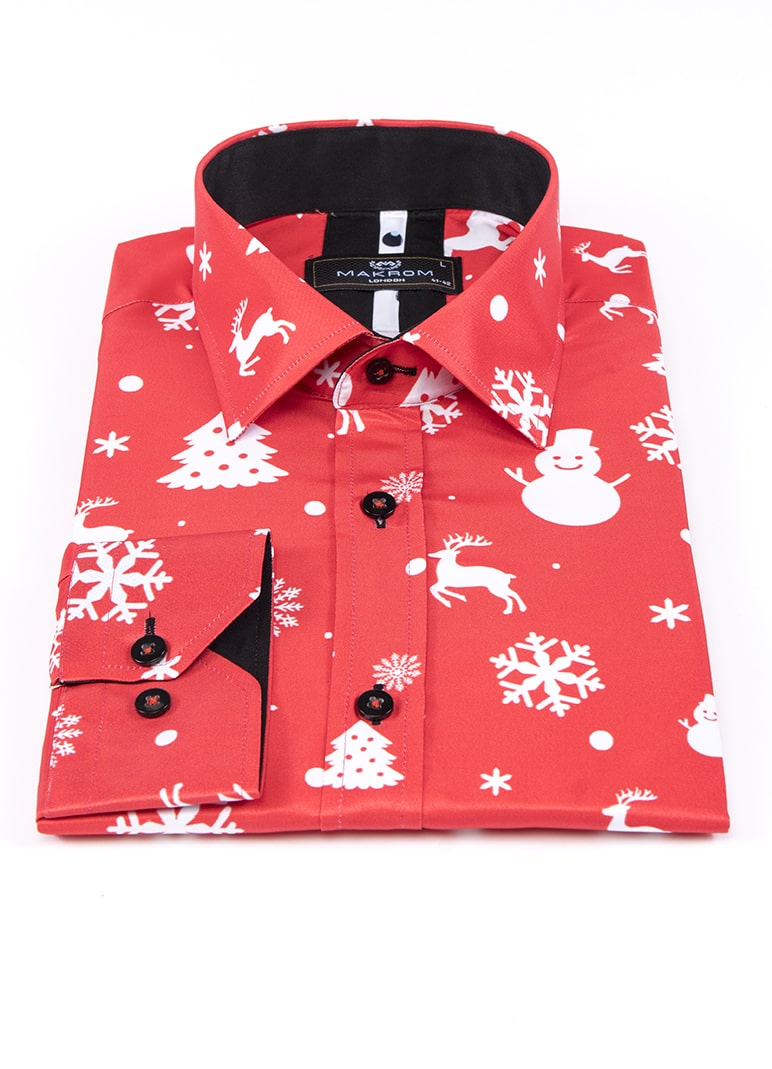 Red Snowflake Christmas Snowman Print Men's Shirt-Makrom