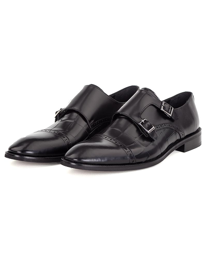 Black Classic Pattern Real Leather Shoes Buckle Strap