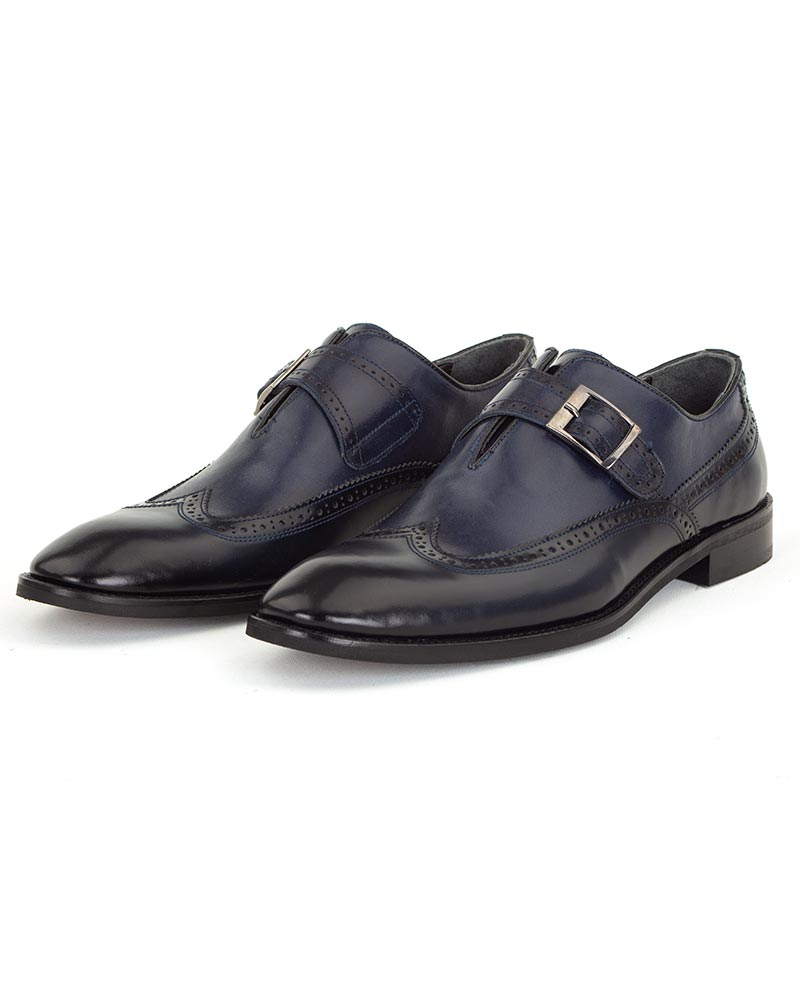 Dark Blue Classic Polished Real Leather Shoes Buckle Strap