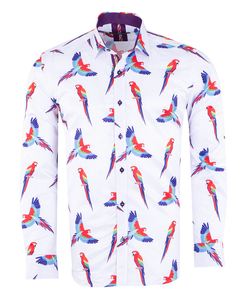 White Parrot Print Men's Shirt