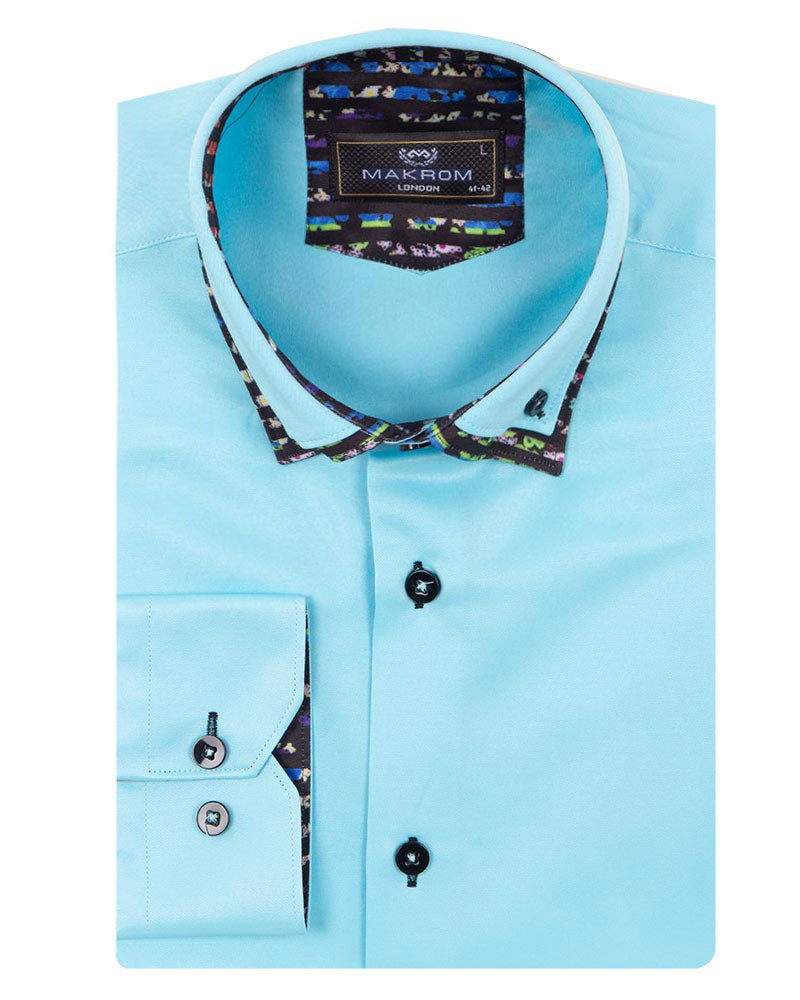 Turquoise Plain Button Down Double Collar Shirt