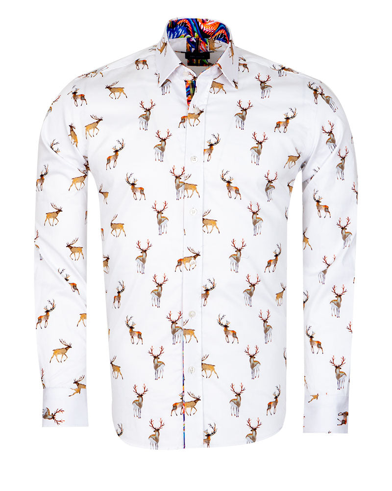 White Deer Print Men's Christmas Shirt with Matching Handkerchief