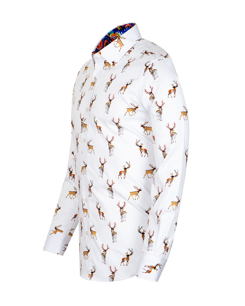 White Deer Print Men's Christmas Shirt with Matching Handkerchief