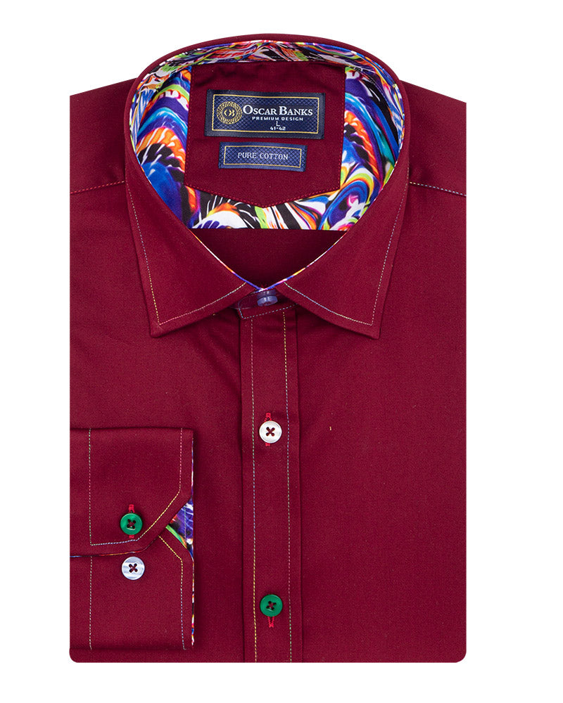 Burgundy Plain Colourful Stitching & Button Pure Cotton Shirt