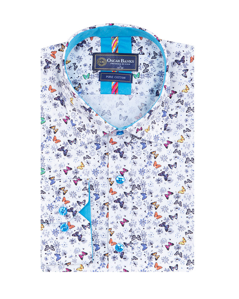 White Butterfly Print Shirt with Matching Handkerchief