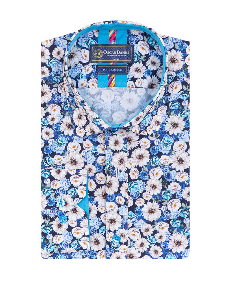 Blue Floral Print Shirt with Matching Handkerchief