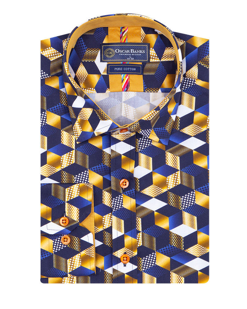 Dark Blue Geo Print Shirt with Matching Handkerchief