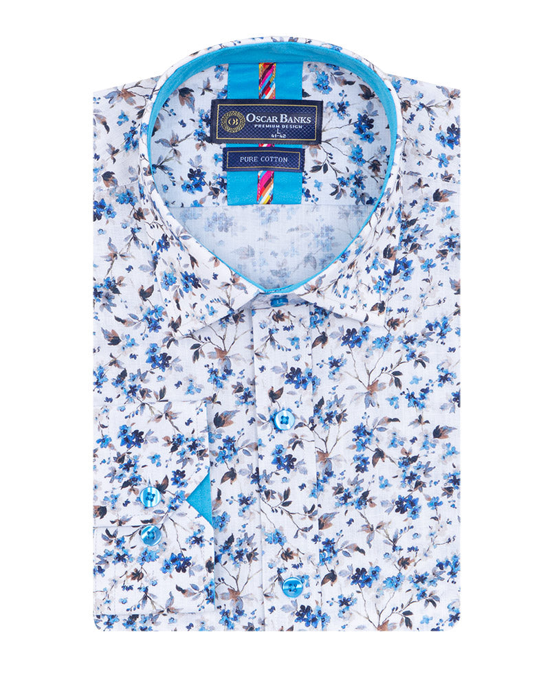 White Small Floral Print Shirt with Matching Handkerchief