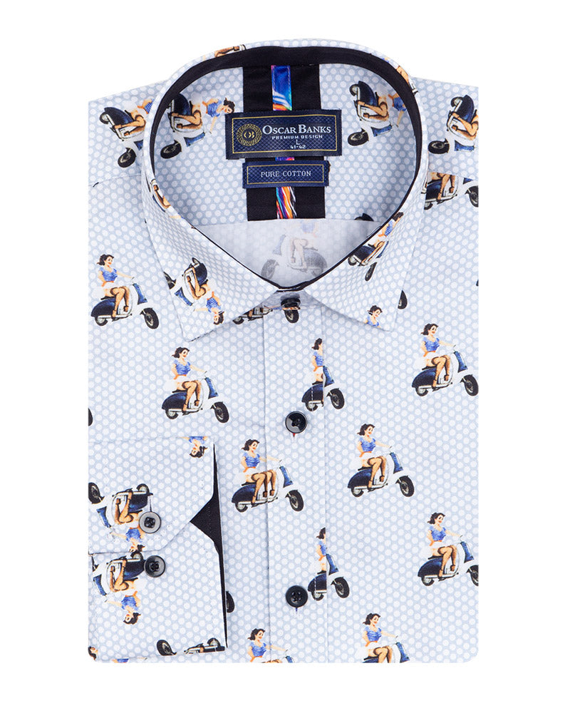 Blue Vespa Print Shirt with Matching Handkerchief